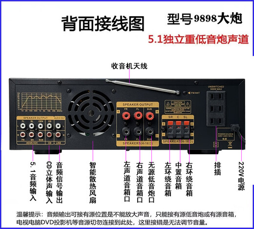 埠帝5声道功放机家用KTV大功率音响蓝牙收音USB插卡重低音卡拉ok功放 Av88871双环牛12管2000w