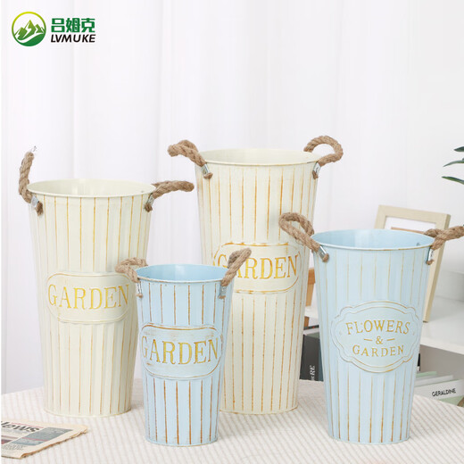 Rümke flower bucket large portable retro iron blue flower pot dry flower vase large bucket dry flower flower arrangement tube height 40cm6699