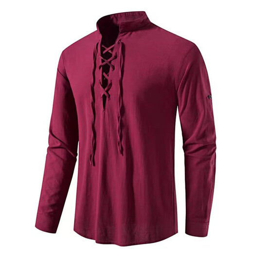 Men's Henley Medieval Retro Shirt Lace-Up Long Sleeve Shirt Nordic Style Renaissance Punk Performance Costume Navy L