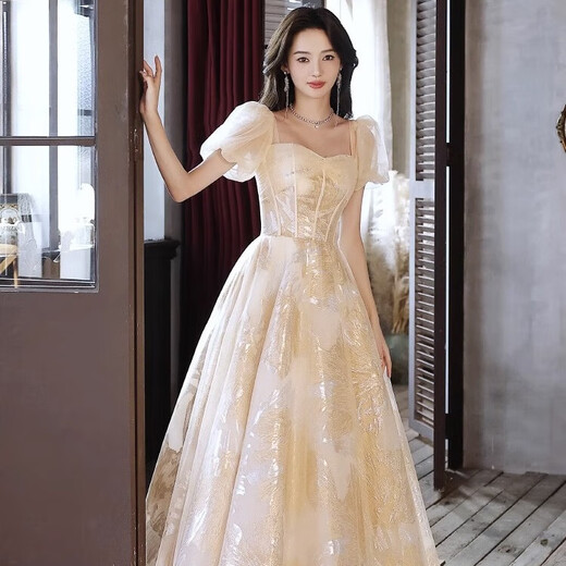 Li Baixin French evening dress for women, high-end champagne color, high-end light luxury niche fairy gauze host vocal music test skirt champagne color 3XL recommended 130-135 Jin Jin equals 0.5 kg
