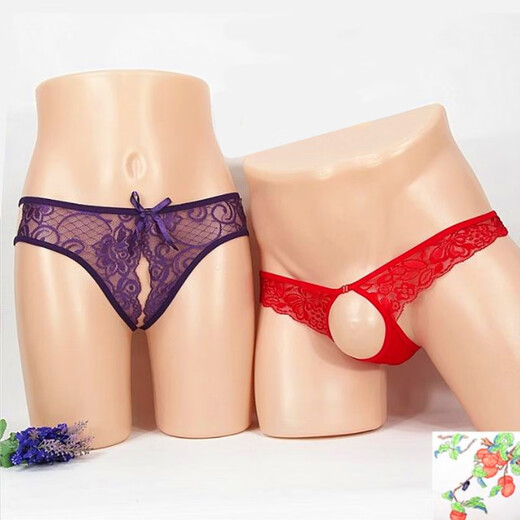 Couple Sexy Underwear Women's Crotchless Thong Temptation See-through Sexy Large Size Hollow Men's T Purple + Red