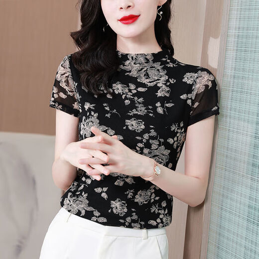 简方位冰丝网纱打底衫女2023夏半高领时尚洋气高弹修身显瘦印花T恤 9758 10XL l 105-115斤