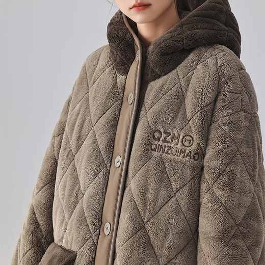 Kiss Mao warm velvet three-layer thickened couple quilted pajamas for women winter long men's suit home wear outer wear 8006 elegant gray men's XL