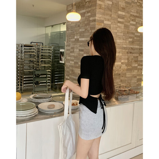 以欧新款夏季设计感露背显瘦遮肉上衣甜辣别致正肩短袖T恤女1477 黑色 XL