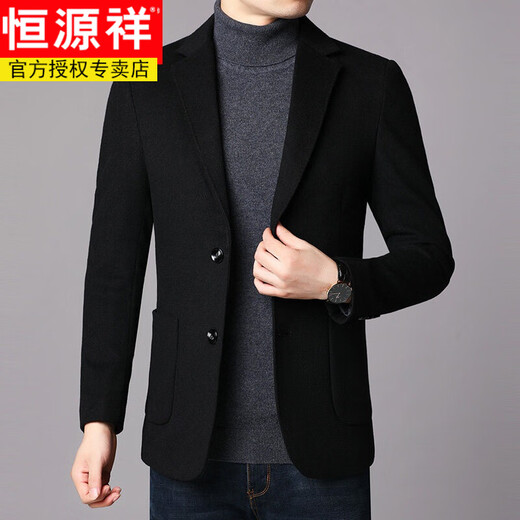 Hengyuanxiang wool small suit men's woolen coat two-button casual suit slim and thickened autumn and winter warm and cold top black M 170