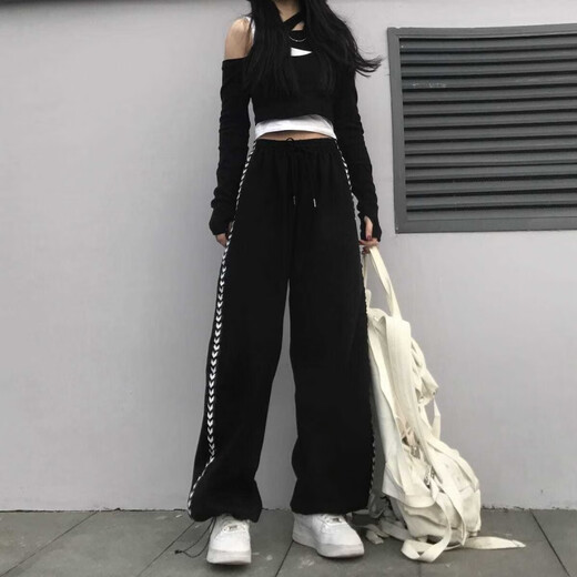 High Street Sportshosen für Frauenstudenten schwarze Binde-Big-Hose losen hohe Taille schlampig Fett M-Breitenbeine (723 Schlitzhosen) 4xl 170-200jin [Jin entspricht 0,5 kg]