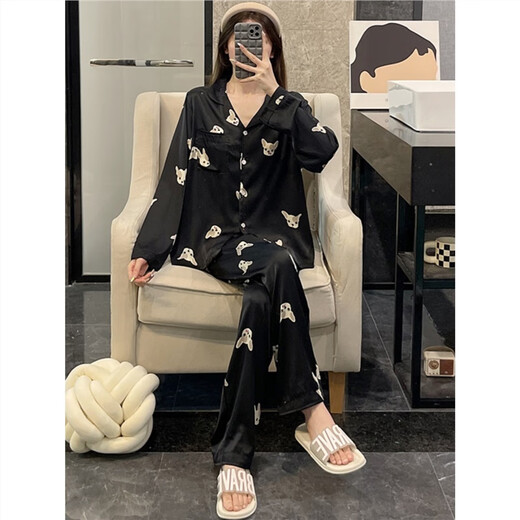 费迈博睡衣女春秋季冰丝可爱小奶狗学生长袖薄款开衫女士家居服两件套装 b693#小狗(双长丝) M