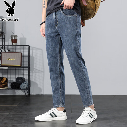 Playboy (PLAYBOY) jeans men's 2025 spring and autumn new trendy straight loose pants men's casual elastic Korean version of nine-point pants dark blue X-6115HH9901 28