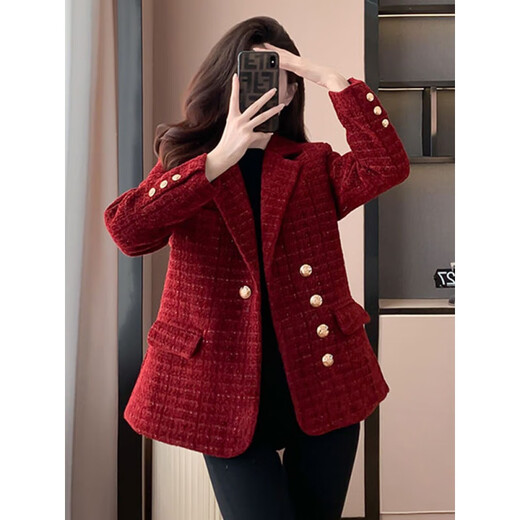 皮尔卡丹（pierre cardin）小香风西装女外套2025新款设计感显瘦轻奢减龄加棉加厚秋冬款外套 黑色 加厚 M 建议95-108斤