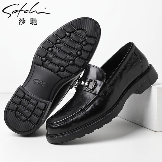 SATCHI men's shoes new men's business casual shoes genuine leather hand-grabbed popcorn sole comfortable slip-on thick-soled high-end leather shoes black 40