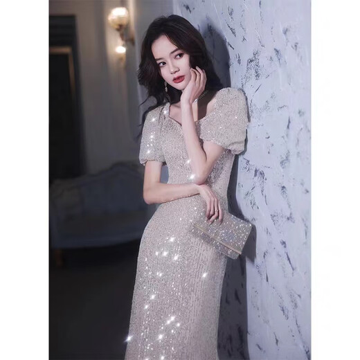 Nuoliti French evening dress sequin temperament lady high -end niche birthday banquet fishtail host piano play dress champagne color long L