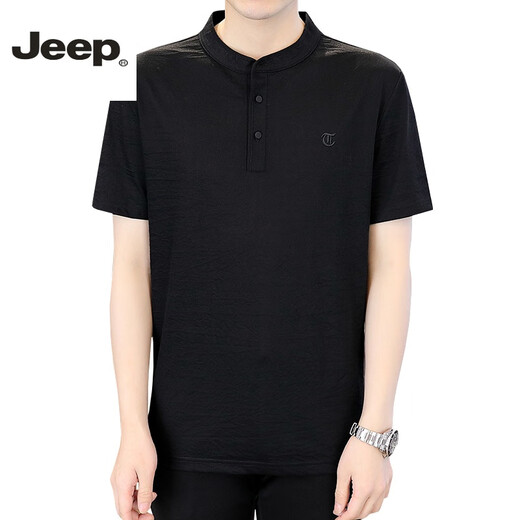 JEEP SPIRIT体桖衫男士棉麻短袖t恤夏季中国风高端简约小立领体恤夏天亨利衫 黑色 4XL