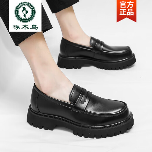 啄木鸟一脚蹬男士乐福鞋2025年新款男鞋增高厚底亮面潮流皮鞋懒人豆豆鞋 3519黑色-内增高6厘米高质版 40