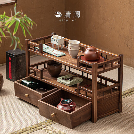 QINGLAN North American walnut tea set tea cup storage rack tea rack storage rack new Chinese style solid wood ornaments display cabinet Lanting storage rack_Walnut