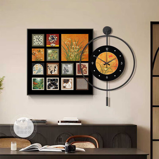 
Huaixue Middle Style Bailian Restaurant Decorative Painting LED Lights with Clocks and Watches Combination Mural Retro Style Dining Table Background Wall Hanging Painting K12806/PB57 Painting 80*80+Diameter 60 Crystal porcelain metal black frame/power bank + remote control