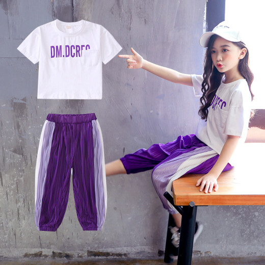Tiansong children's clothing girls suit summer children's Korean style short-sleeved anti-mosquito casual pants two-piece set girls style sportswear purple 150cm