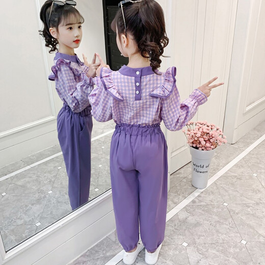 Mipaika Meng children's clothing girls suit spring and autumn new Korean style children's long-sleeved sweatshirt pants girl's stylish two-piece set 13 years old purple size 140 recommended height is about 130 cm