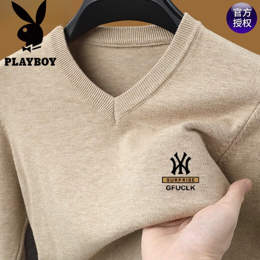 Playboy (PLAYBOY) brand cardigan men's 100 pure wool autumn and winter V-neck sweater middle-aged men's dad's bottoming sweater sweater long-sleeved A53 camel Y XL 175 recommended 135-150 Jin Jin equals 0.5 kg