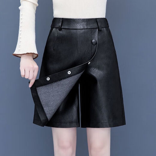 Bao Qiaoxu Pu leather shorts for women in autumn and winter trousers 2024 high waist wear wide-leg five-minute skirt pants fake two-piece boot leather pants 9920 regular style L suggests 110120Jin[Jin equals 0.5 kg] Jin[Jin equals 0.5 kg]