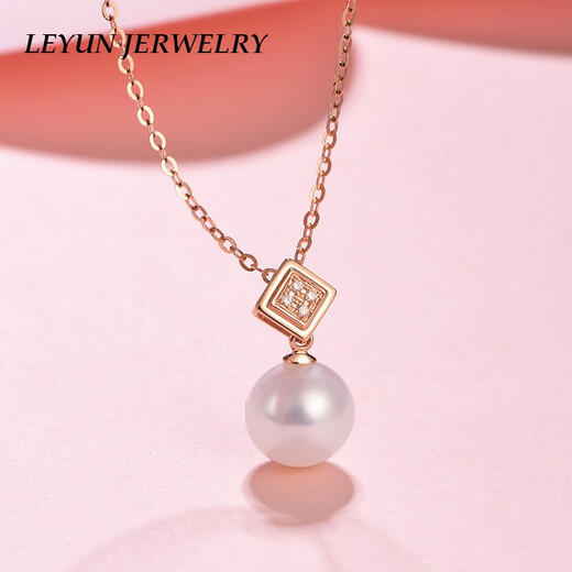 Leyun 18k rose gold colored gold inlaid freshwater pearl and diamond pendant necklace for mothers, gift for mothers, total weight approximately 2.81g, rose gold