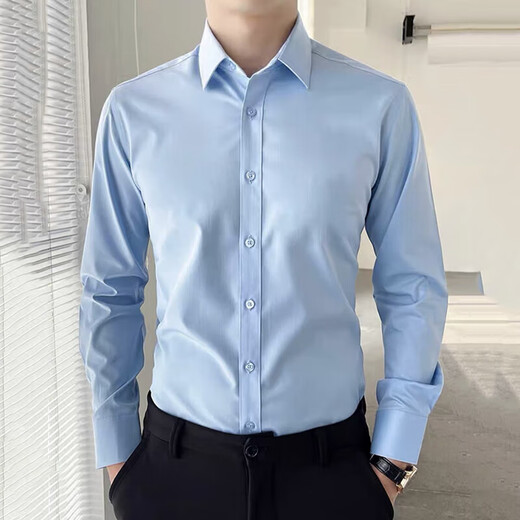 长袖衬衫男纯色职场商务休闲职业正装男士婚礼伴郎衬衣简约上衣服 白色 2XL