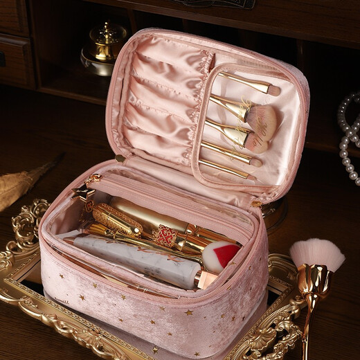ToMill Cosmetic Bag Women's Large Capacity Skin Care Product Storage Bag Business Travel Toiletries Bag Velvet Portable Cosmetics Storage Bag Velvet Weaver-Pink + TPU Transparent Bag