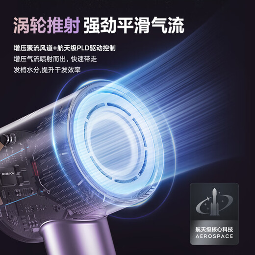 KONKA hair dryer, high-speed bladeless household silent negative ion hair dryer, high-power, non-harmful to hair, special hair care, quick-drying, silent hair dryer for student dormitories, practical Valentine's Day gift, high-speed hair dryer - purple, 3-speed digital display screen + 600 million negative ions + air collecting nozzle