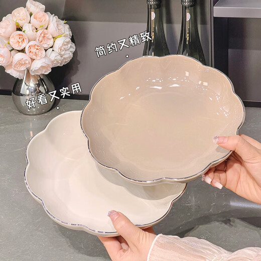 Xibaisheng Ceramic Bowl Underglaze Color Household Modern Simple Soup Bowl Plate Rice Bowl Set High-end Bowl Bowl Plate Tableware Set 8.5-inch Petal Plate 2 Packs [1276] Gold-patterned