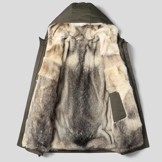 
NLMN mid-length parka overcoming men's winter [Fur integrated] Coyote fur inner liner coat leather fur coat men's military green wolf fur inner liner cashmere sleeves 2XL (135Jin[Jin equals 0.5 kg]-150Jin[Jin equals 0.5 kg])