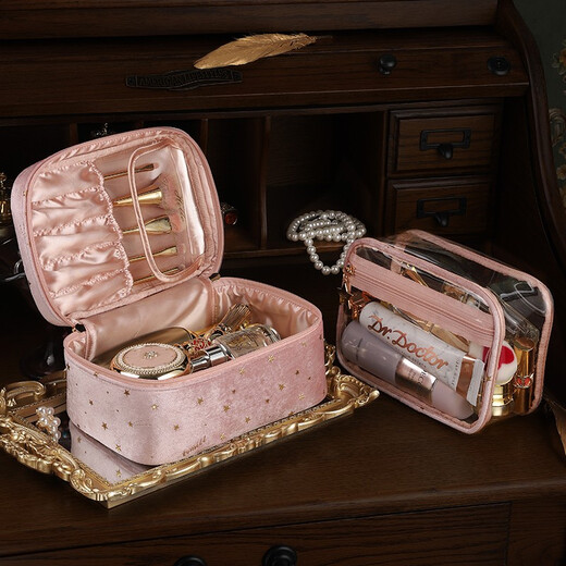 ToMill Cosmetic Bag Women's Large Capacity Skin Care Product Storage Bag Business Travel Toiletries Bag Velvet Portable Cosmetics Storage Bag Velvet Weaver-Pink + TPU Transparent Bag