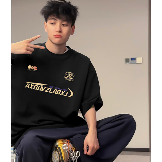 迪伽达美式复古潮流短袖t恤男春夏季高街纯棉重磅圆领宽松休闲半袖上衣 AKCM-K190藏青色 2XL