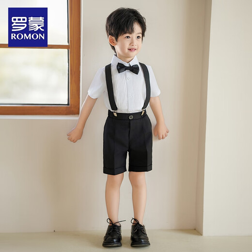 Romon Jungenkleid, Babyanzug, kleiner Host-Anzug, Klavieraufführung, Junge, erster Geburtstag, Hosenträgeranzug, vierteiliger Anzug, Hemd + Shorts + Hosenträger + Fliege 150