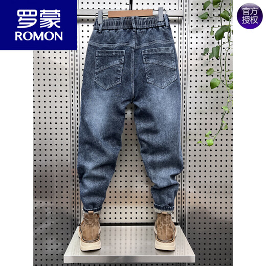 罗蒙（ROMON）秋冬加绒弹力牛仔裤男潮流拼接小脚休闲哈伦裤青年痞帅国潮老爹裤 蓝色 加绒 S