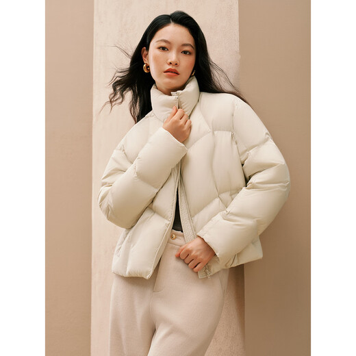 PEACEBIRD Women's Down Jacket Puff Short Stand Collar Winter Small Warm Bread Jacket Off-White S