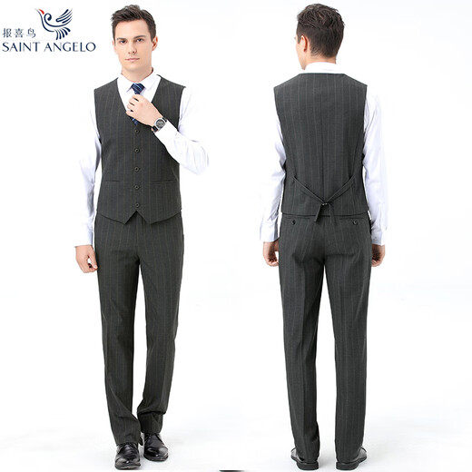 Announcement Bird Suit Suit Men's Winter Groom Wedding Dress Formal Business Casual Thick Wool Jacket Gray Stripe One Button Three-piece Set XXS 190/100A