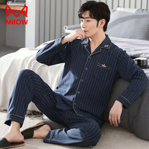 Cat Man (MiiOW) men's pure. Cotton pajamas long-sleeved spring and autumn large-size cardigan thin suit can be worn on the outside for men's home clothes mz-3524 L120-140Jin [Jin equals 0.5 kg]]