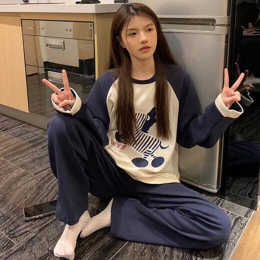 IOSN2024 new pajamas for women in spring, autumn and winter long-sleeved internet celebrity style loose student cotton women autumn home clothing MZY-16804-Pullhead double length-white puppy M80-100Jin[Jin equals 0.5 kg]