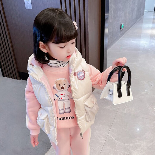 【三件套】乐芭鼠童装女童套装冬装加绒加厚儿童卫衣套装秋冬季婴幼儿女宝宝衣服1-8岁加厚外穿小童服装 粉色（白马甲+粉卫衣+粉裤子） 100码建议2-3岁 (身高90-100cm)