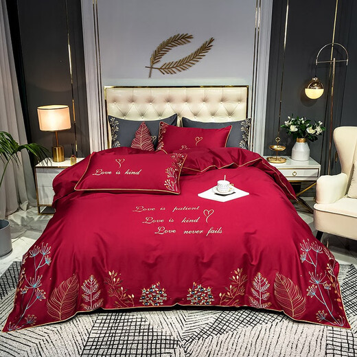 Yiersi winter four-piece set pure cotton 100% pure cotton skin-friendly tribute satin long velvet cotton embroidered Tianshi cotton light luxury bed four-piece set Filora-Brewed 1.8m (6 feet) bed