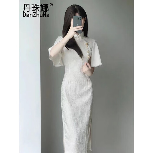 丹珠娜（DanZhuNa）新中式连衣裙子夏天女装2024夏季新款法式假两件温柔风碎花长裙子 1276杏色连衣裙 M