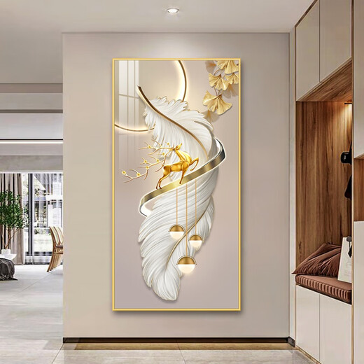 北欧空间入户玄关装饰画正对门入户画玄关过道挂画客厅山水画感玄关画 A677/金鹿送福 40*80(铝框+晶瓷面)