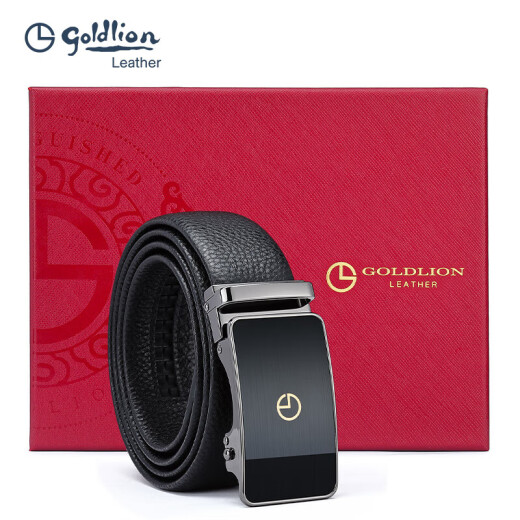 Goldlion Men's Automatic Buckle Belt Business Casual Gift Box Belt First Layer Cowhide Simple Pants Belt FAY093136-711 Black 110-120CM New Year Gift for Dad, Husband and Boyfriend