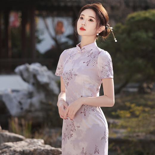 NUKM Cheongsam Chinese style long young 2025 summer new slim and elegant girl retro improved dress 6629 purple L