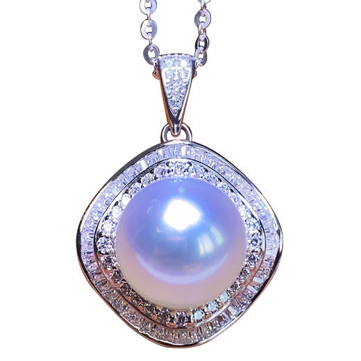 Moh's South Sea white pearl necklace, natural Australian white, round, flawless seawater pearl pendant, 18K gold inlaid with diamonds, diamond-shaped pearl pendant for girlfriend, wife, elders, white pearl pendant 12-13mm