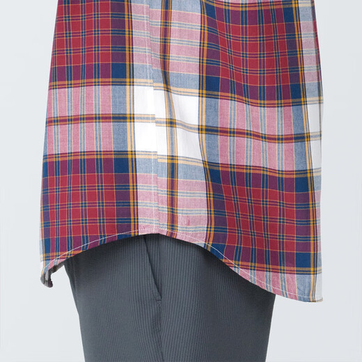 MUJI men's Madras checked button-neck short-sleeved shirt men's shirt jacket pure cotton AC1W8A4S red checked S (165/84A)