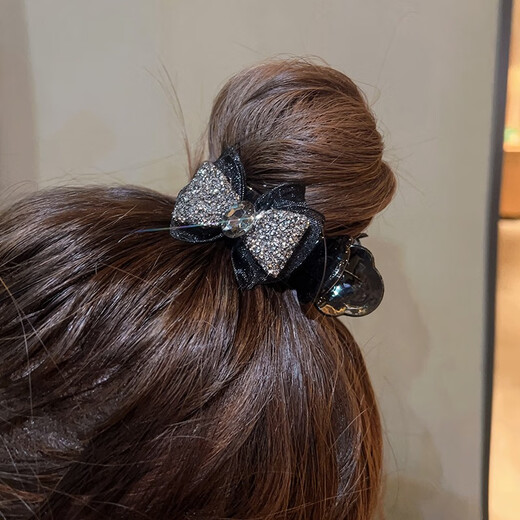 Zhuo Keke Rhinestone Bow Ball Head Clip High-end Ponytail Hair Clip for Girls Back of Head 2025 New Top Clip Hair Accessories Black Rhinestone Bow Ball Head Clip