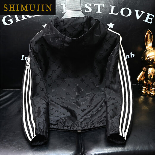 Simu Hibiscus Trendy Marke Slim Letter Jacquard Jacke Europäische Station 2024 Frühling und Herbst Neue große Größe mit Kapuzenjacke Männer 9892 Schwarz L.