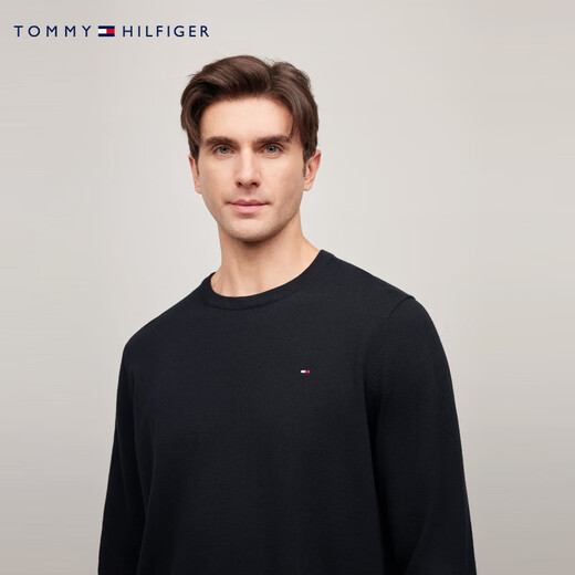 TOMMY HILFIGER solid color V-neck autumn and winter men's pure cotton business casual simple embroidered logo bottoming sweater sweater solid color round neck - black 012 S (recommended 120-135Jin Jin equals 0.5 kg)