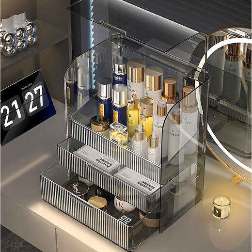 He Jiagong cosmetics storage box dust-proof capacity dressing room makeup box skin care product storage rack desktop three-piece makeup box + lipstick box + dust-proof makeup brush holder