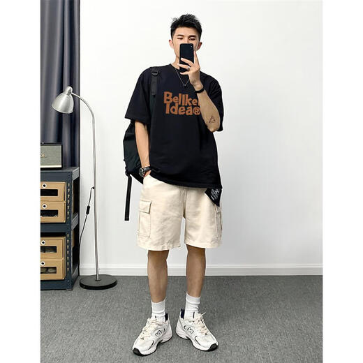 Zweiteiler Sommer reines Baumwoll kurzärmelige T-Shirt Herren-Ins Modemarke Loose Fünf-Punkte-Hülsen-T-Shirt Japanische Arbeit Anzug schwarz Trendy Marke T-Shirt + Military Green Work Anzug M 160-16795-120jin [Jin gleich 0,5 kg]